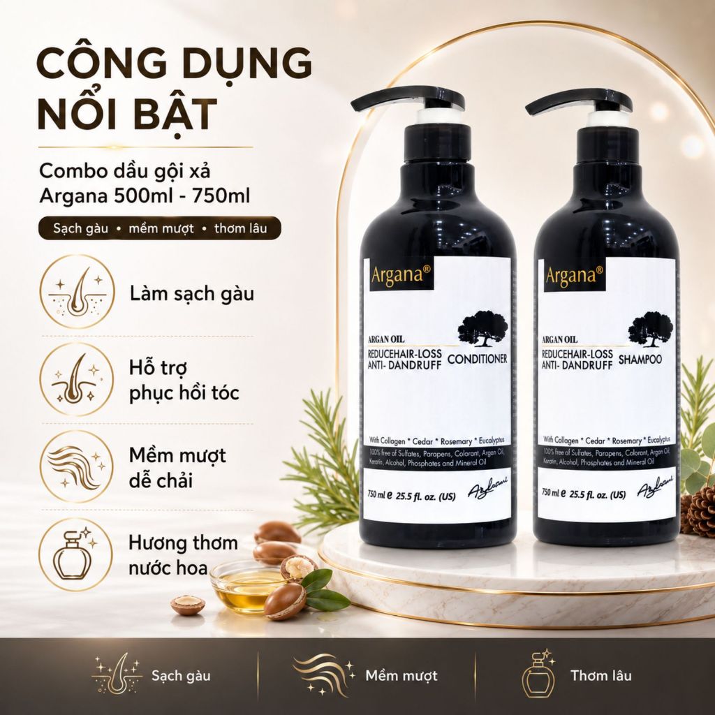 Combo Dầu Gội Xả Argana  size: 500ml - 750ml Hỗ Trợ Phục Hồi, Sạch Gàu Ngứa