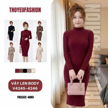 V4245-4246 Váy len body, váy len tăm cổ 3 phân silive dáng ôm qua gối, chất len dày dặn