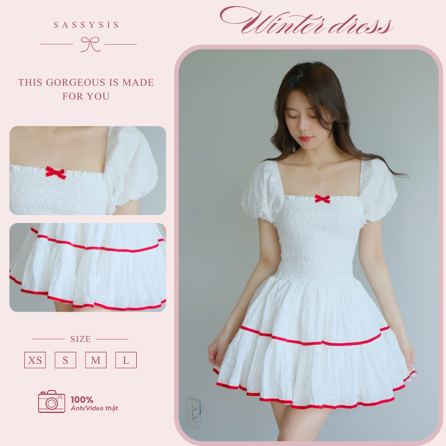 Winter dress vải boi thêu bồng xoè