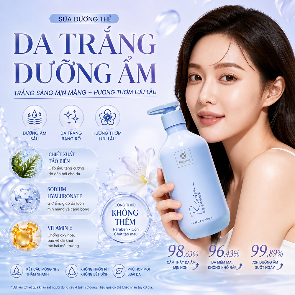 Rsarias sữa dưỡng thể, dưỡng thể thơm lâu, dưỡng ẩm sâu, dưỡng da mịn màng, phù hợp mọi loại da