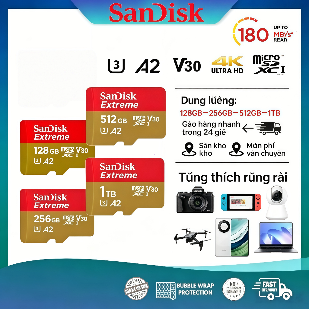 SANDISK MicroSDXC Extreme GO128GB/256GB/512GB/1TB UHS-IA2 V30 U3 4K ，bảo hành năm năm.