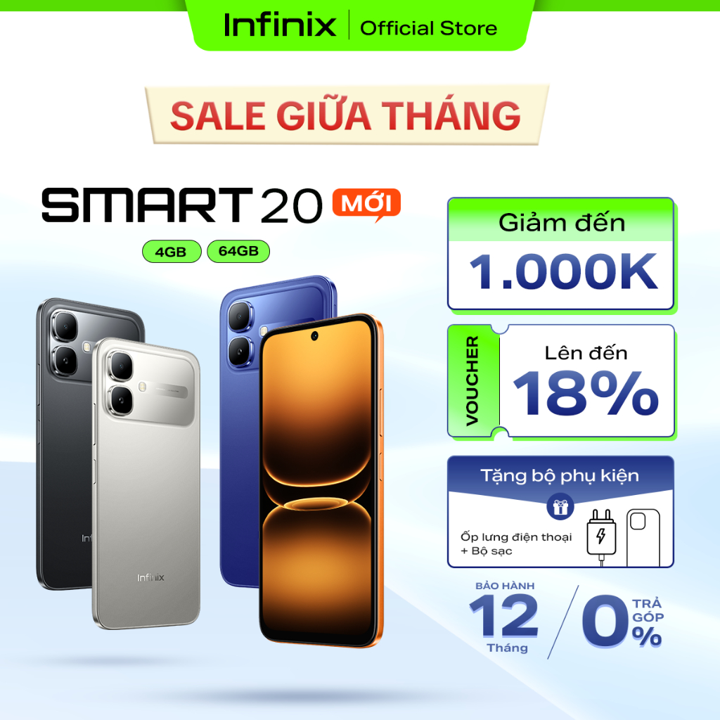Điện thoại Infinix SMART 20 (4+4GB/128GB) | Màn hình 120Hz | Helio G81 Ultimate | Pin 5200mAh | BH 12T