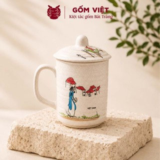 Cốc, ly kèm nắp uống trà gốm sứ Bát Tràng vẽ tay Áo dài Việt Nam - Quà tặng cao cấp, ý nghĩa