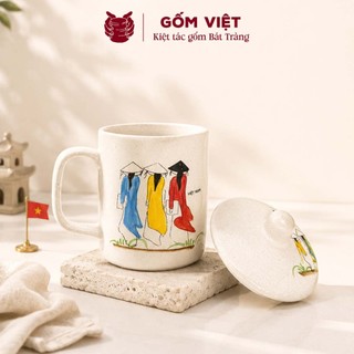 Cốc, ly kèm nắp uống trà gốm sứ Bát Tràng vẽ tay Áo dài Việt Nam - Quà tặng cao cấp, ý nghĩa