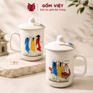 Cốc, ly kèm nắp uống trà gốm sứ Bát Tràng vẽ tay Áo dài Việt Nam - Quà tặng cao cấp, ý nghĩa