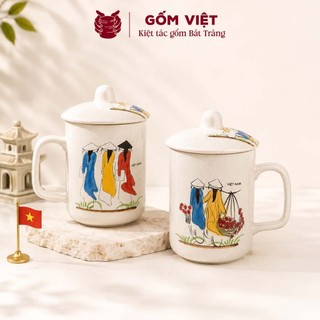 Cốc, ly kèm nắp uống trà gốm sứ Bát Tràng vẽ tay Áo dài Việt Nam - Quà tặng cao cấp, ý nghĩa