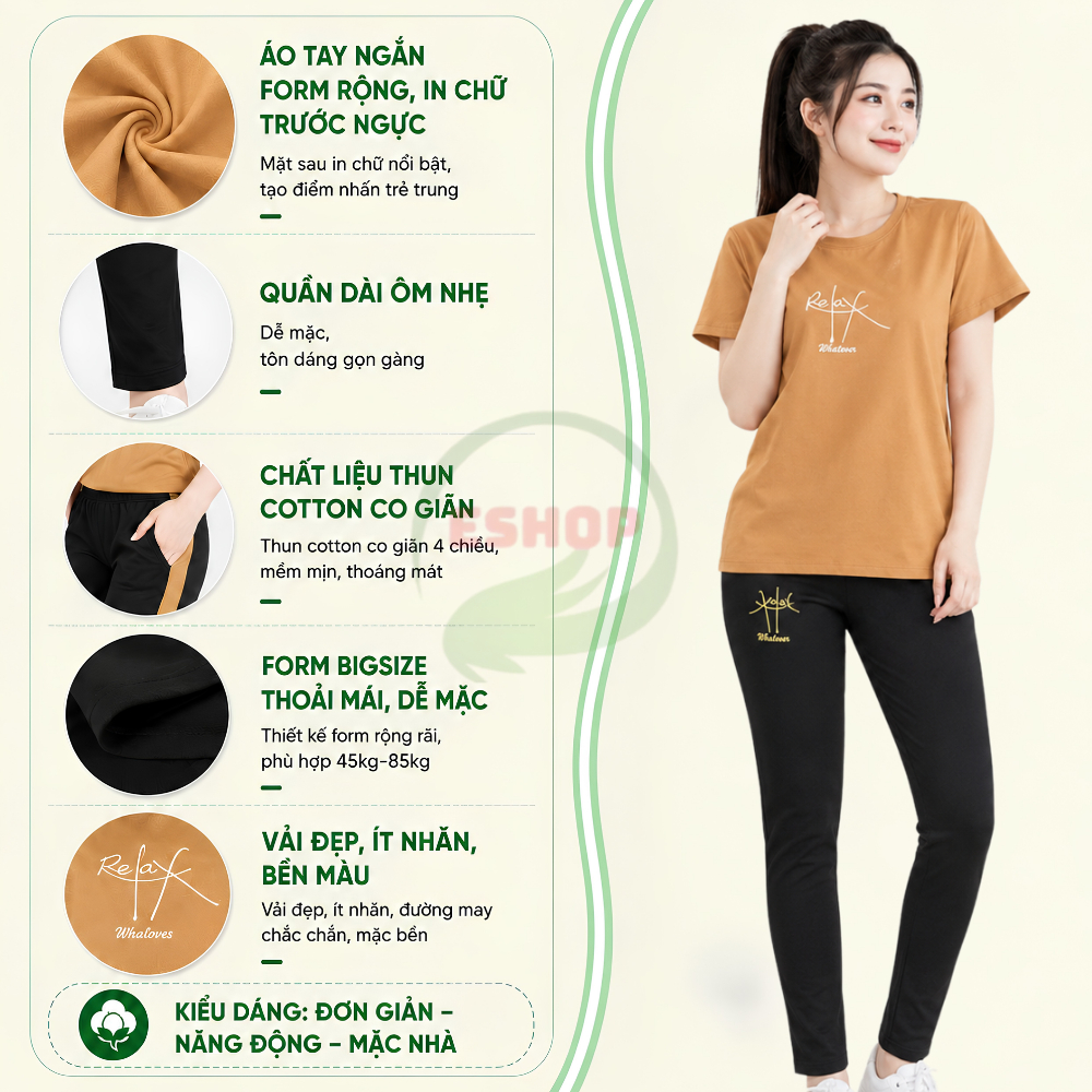 Đồ Bộ Nữ Bigsize 43-85kg Thun Cotton Quần Dài Mặc Nhà Ngủ Thể Thao Mùa Hè Dễ Thương ESHOP AD03