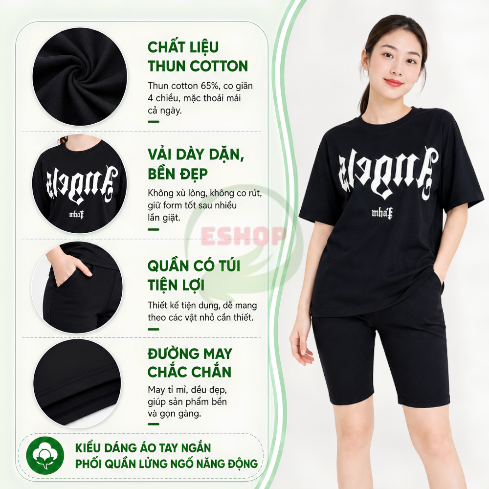 Đồ Bộ Nữ Mặc Nhà ESHOP DB17 Bigsize 43-85kg Thun Cotton Co Giãn, Set Bộ Lửng Ngố Trung Niên