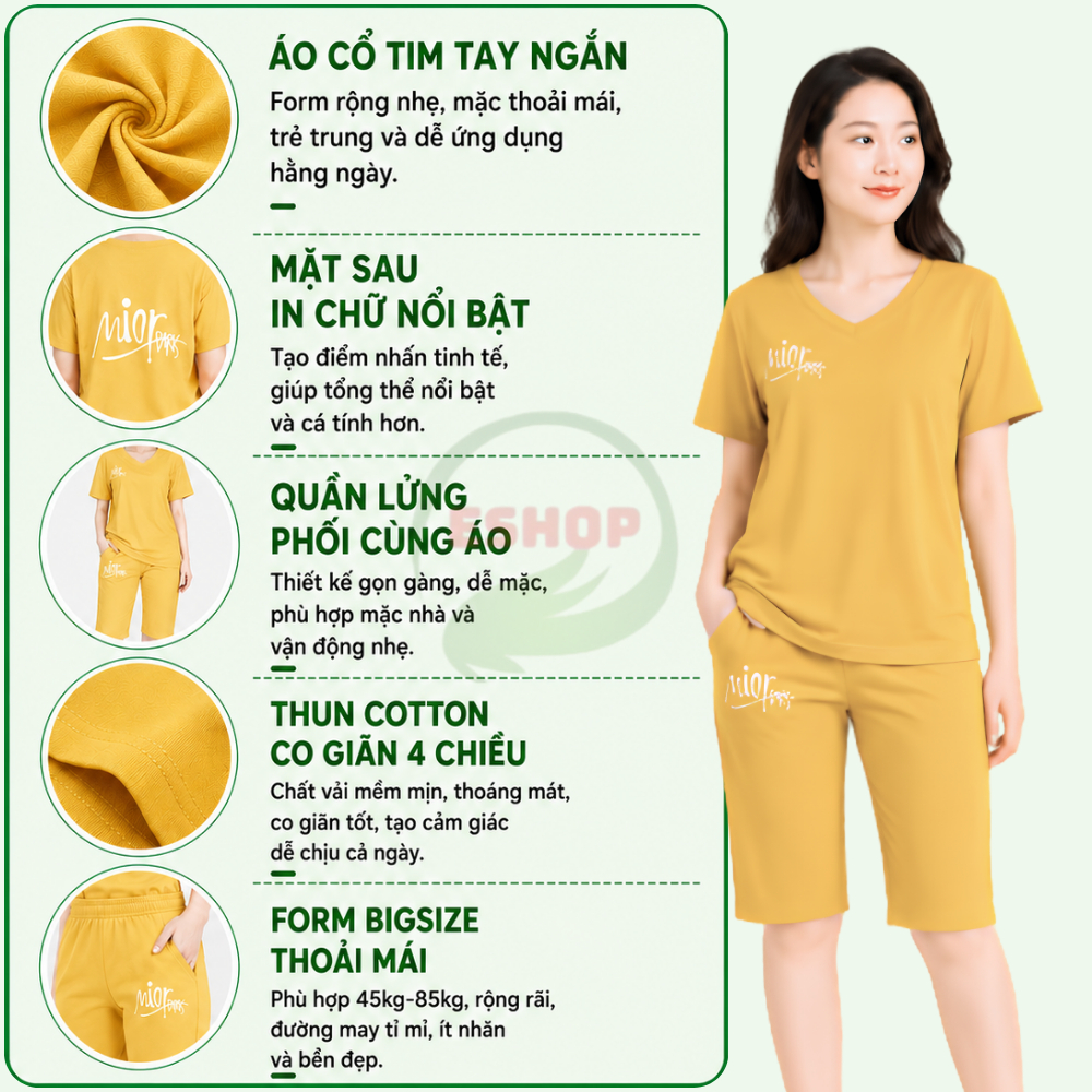 Đồ Bộ Nữ Mặc Nhà ESHOP DB17 Bigsize 43-85kg Thun Cotton Co Giãn, Set Bộ Lửng Ngố Trung Niên