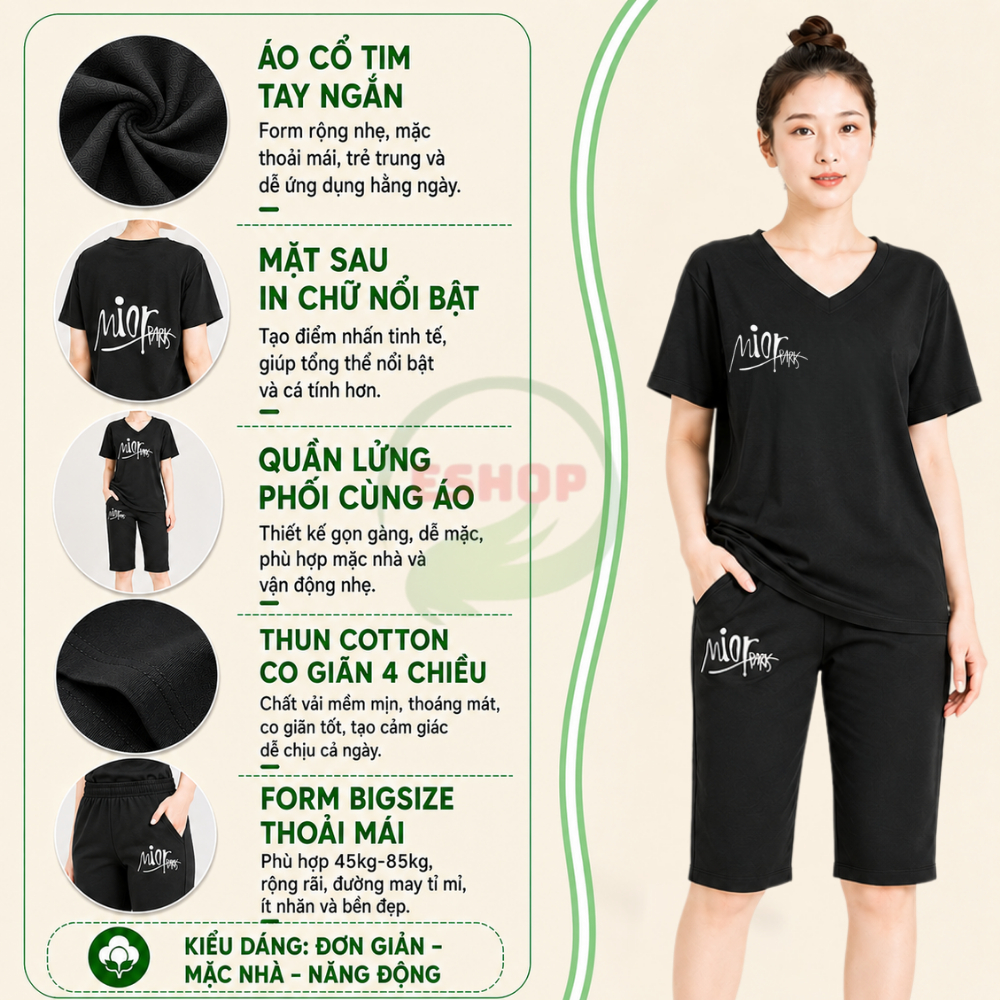 Đồ Bộ Nữ Mặc Nhà ESHOP DB17 Bigsize 43-85kg Thun Cotton Co Giãn, Set Bộ Lửng Ngố Trung Niên