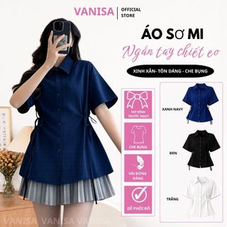 Áo sơ mi đũi sần form rộng cổ bẻ tay ngắn màu trắng đen xám xanh thanh lịch tinh tế VANISA CT488