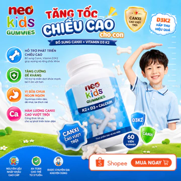 Neo Kids Gummies K2 D3 Calcium 60 Viên – Kẹo Dẻo Canxi Cho Bé, Bổ Sung Vitamin D3 K2, Hỗ Trợ Phát Triển Chiều Cao