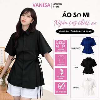 Áo sơ mi nữ form rộng có dây eo hai bên chất đũi đen trắng xanh thanh lịch VANISA CT488