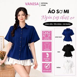 Áo sơ mi cổ bẻ day eo hai bên dáng xuông nữ thanh lịch đen xanh trắng VANISA CT488