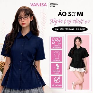 Áo sơ mi đũi sần nữ tay ngắn dáng dài dây rút hai bên màu trắng đen xám xanh VANISA CT488