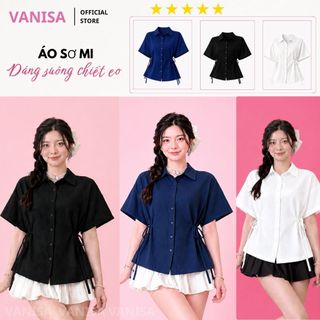 Áo sơ mi đũi sần nữ dáng rộng cổ bẻ buộc dây hai bên màu trắng đen xám xanh VANISA CT488