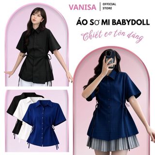 Áo sơ mi đũi sần cổ bẻ nữ dáng xuông buộc dây hai bên màu trắng đen xám xanh VANISA CT488