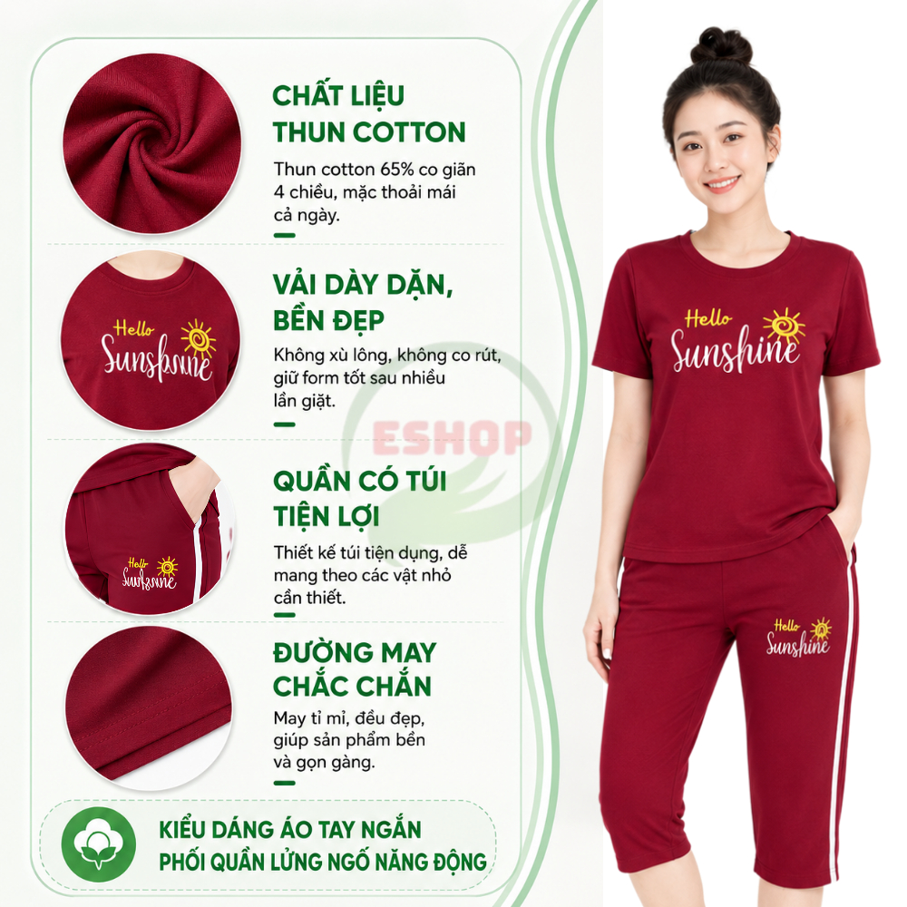Đồ Bộ Nữ Lửng Ngố Bigsize ESHOP Thun Cotton Co Giãn - Set Đồ Mặc Nhà Dễ Thương Thể Thao Mùa Hè AD01
