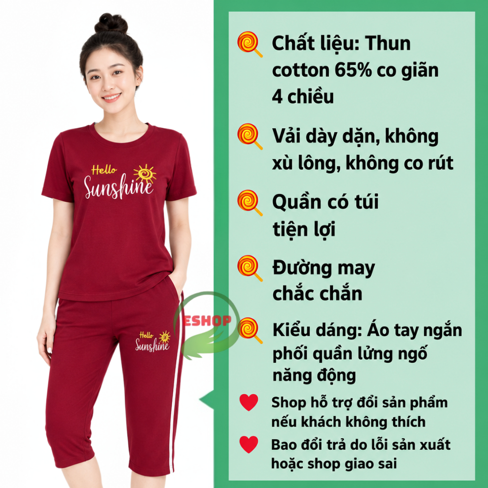 Đồ Bộ Nữ Lửng Ngố Bigsize ESHOP Thun Cotton Co Giãn - Set Đồ Mặc Nhà Dễ Thương Thể Thao Mùa Hè AD01