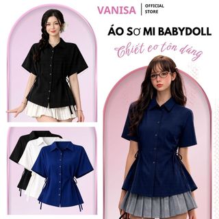 Áo sơ mi đũi nữ dáng rộng tay ngắn cổ bẻ dây rút hai bên màu trắng đen xám xanh VANISA CT488