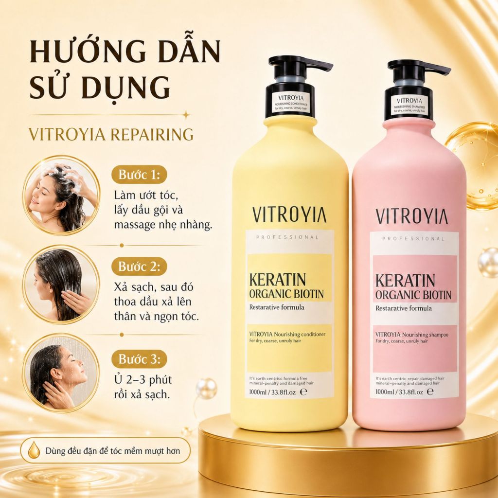 Combo Dầu Gội Xả VITROYIA REPAIRING | Dưỡng Ẩm Tóc Khô Xơ, Mềm Mượt Chuẩn Salon