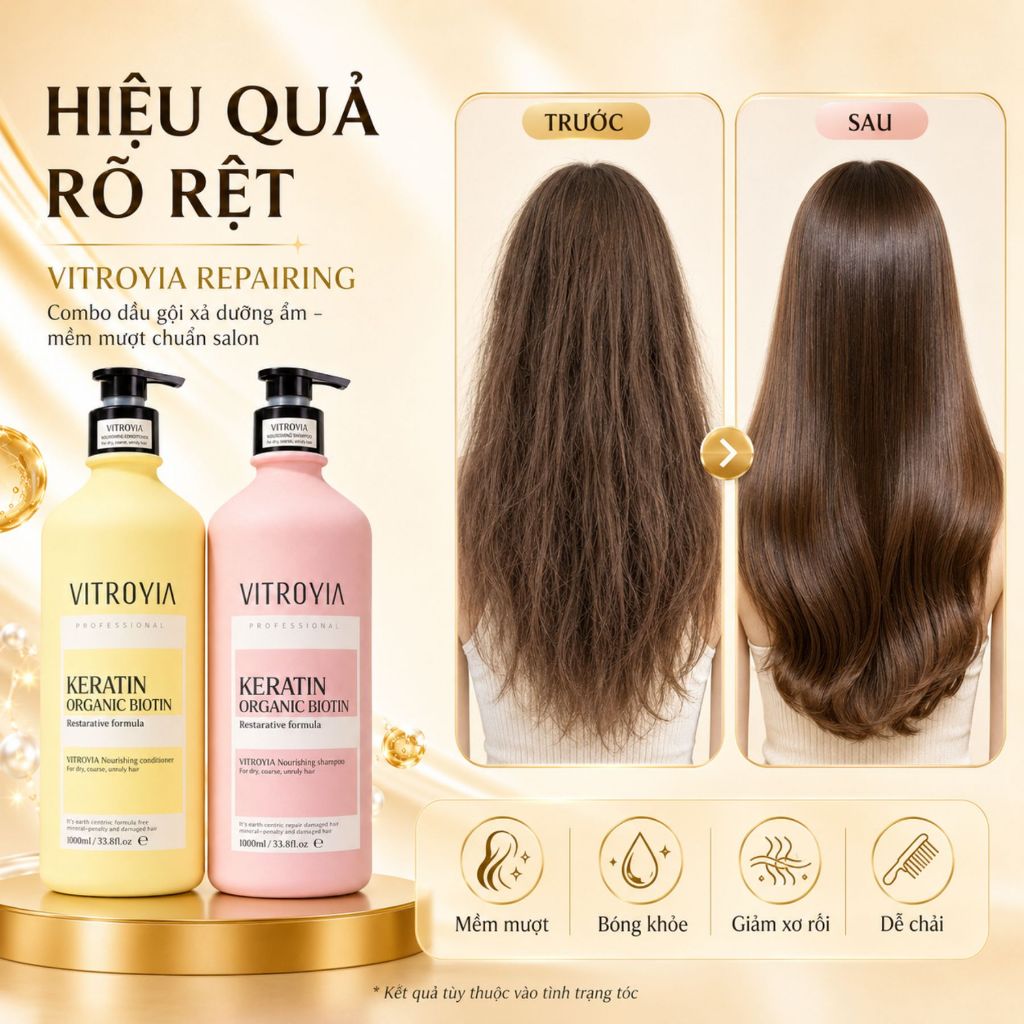Combo Dầu Gội Xả VITROYIA REPAIRING | Dưỡng Ẩm Tóc Khô Xơ, Mềm Mượt Chuẩn Salon