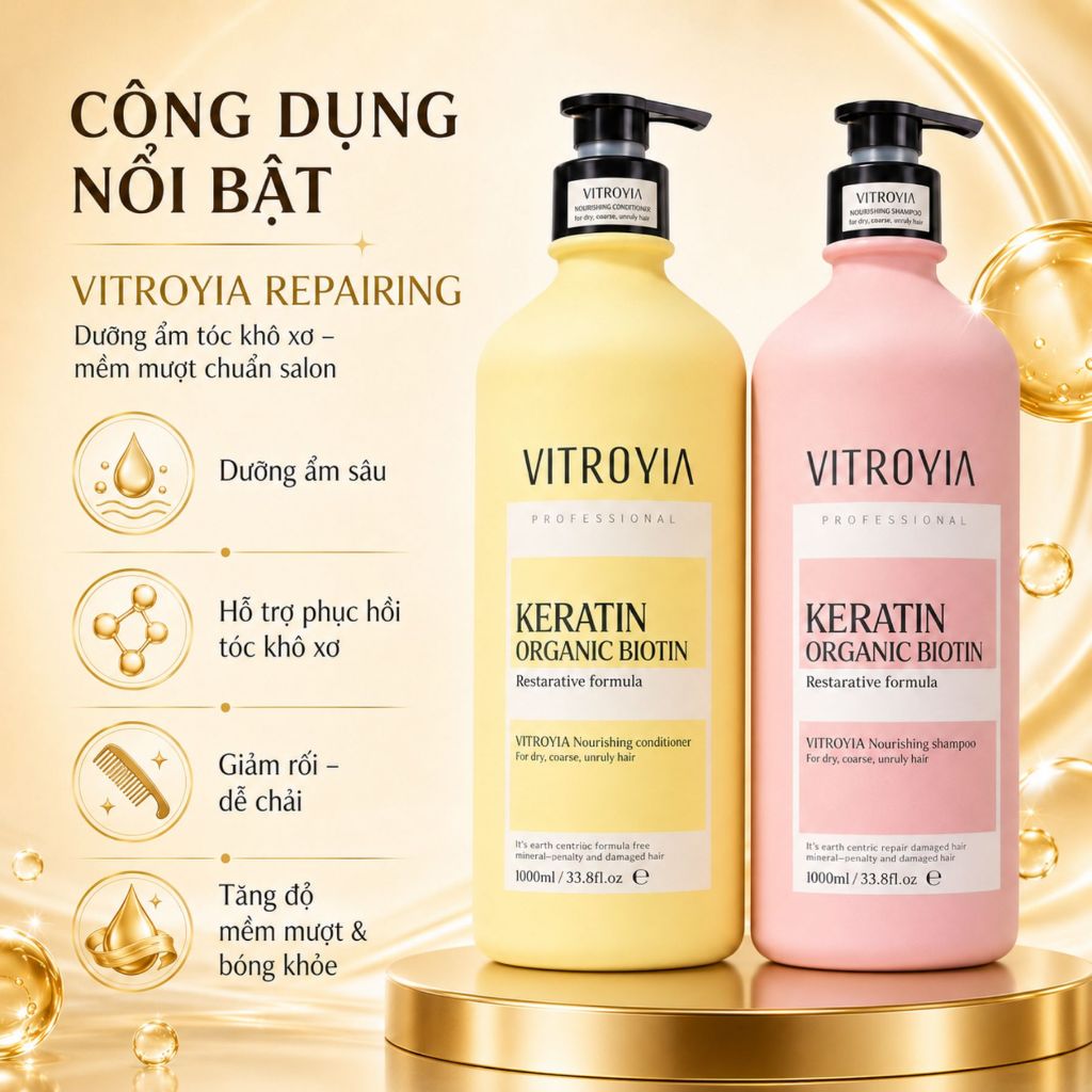 Combo Dầu Gội Xả VITROYIA REPAIRING | Dưỡng Ẩm Tóc Khô Xơ, Mềm Mượt Chuẩn Salon