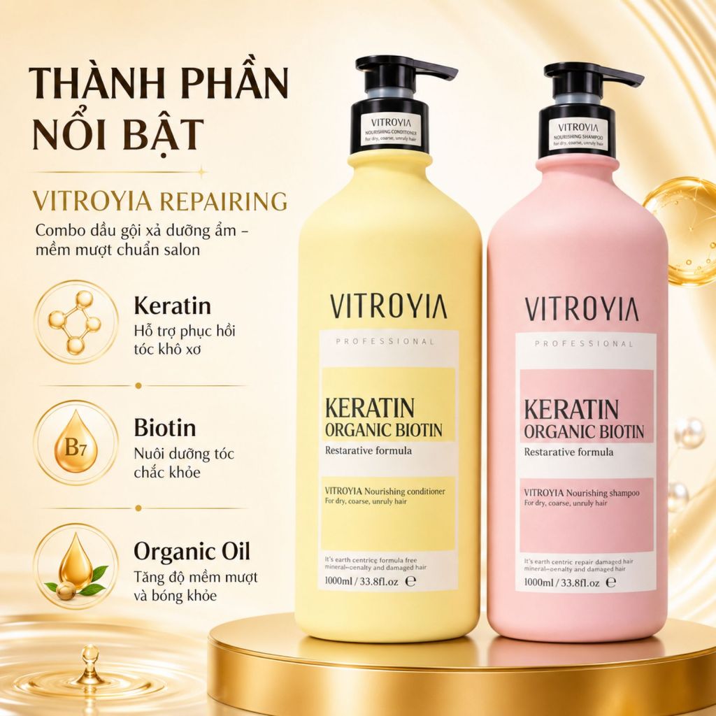 Combo Dầu Gội Xả VITROYIA REPAIRING | Dưỡng Ẩm Tóc Khô Xơ, Mềm Mượt Chuẩn Salon