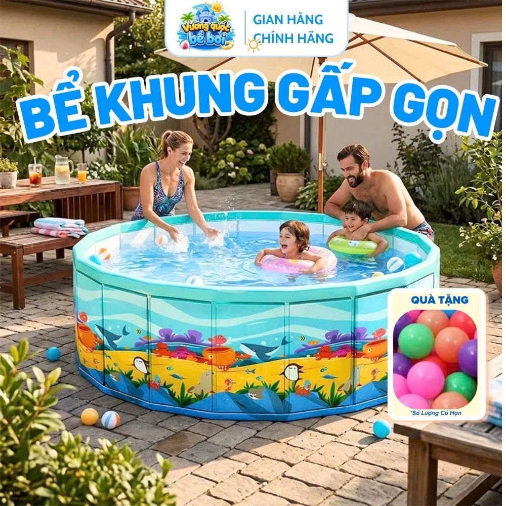 Bể Bơi Khung Gấp Gọn [Tặng 10 Bóng], Hồ Bơi Cho Bé Gấp Gọn Tròn Tại Nhà Tiện Lợi Gấp Lại