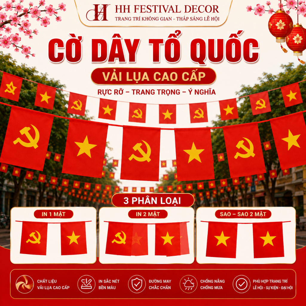 Cờ Dây Tổ Quốc 10m Vải Lụa Cờ Đảng Việt Nam Treo Trang Trí Quốc Khánh 2/9 Trường Học Sự Kiện Lễ Hội