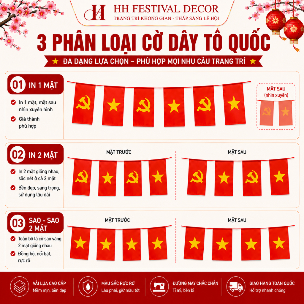 Cờ Dây Tổ Quốc 10m Vải Lụa Cờ Đảng Việt Nam Treo Trang Trí Quốc Khánh 2/9 Trường Học Sự Kiện Lễ Hội