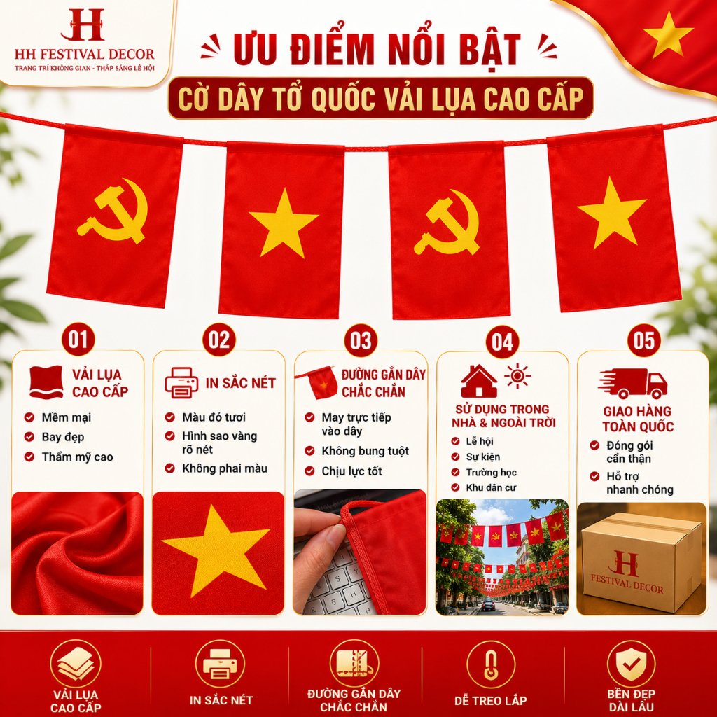 Cờ Dây Tổ Quốc 10m Vải Lụa Cờ Đảng Việt Nam Treo Trang Trí Quốc Khánh 2/9 Trường Học Sự Kiện Lễ Hội