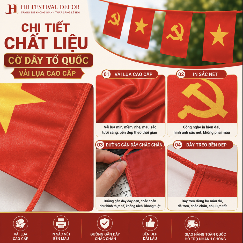 Cờ Dây Tổ Quốc 10m Vải Lụa Cờ Đảng Việt Nam Treo Trang Trí Quốc Khánh 2/9 Trường Học Sự Kiện Lễ Hội
