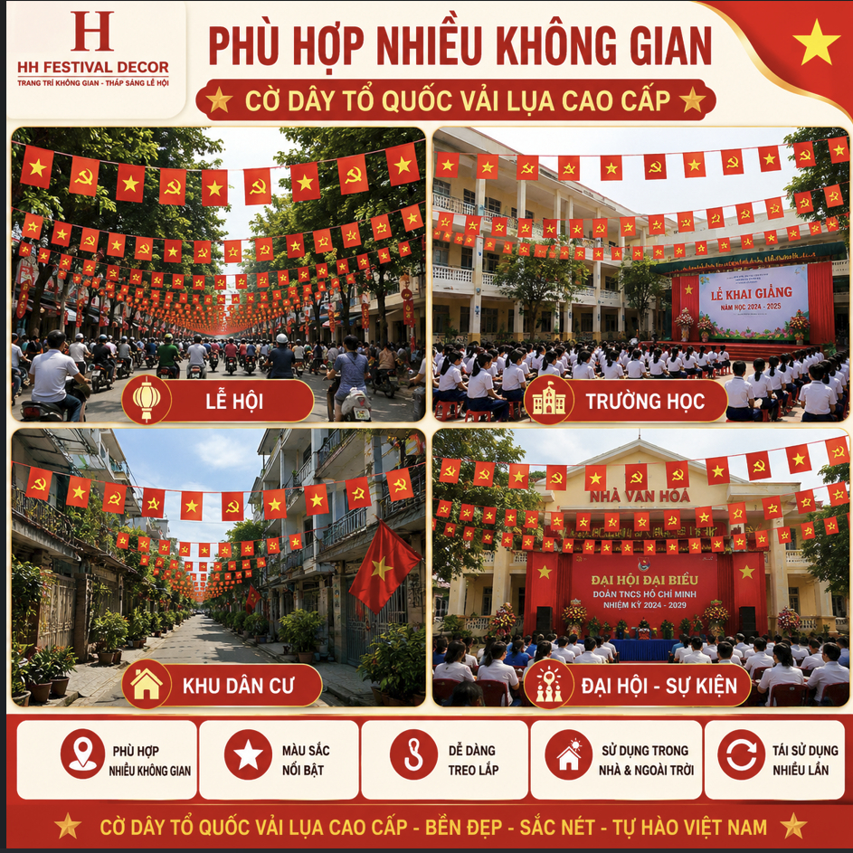 Cờ Dây Tổ Quốc 10m Vải Lụa Cờ Đảng Việt Nam Treo Trang Trí Quốc Khánh 2/9 Trường Học Sự Kiện Lễ Hội
