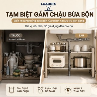 LOADNIX Kệ Gầm Bếp Bồn Rửa inox Chiều dài có thể điều chỉnh từ 53-88cm Kệ Để Đồ Nhà Bếp Đa Năng