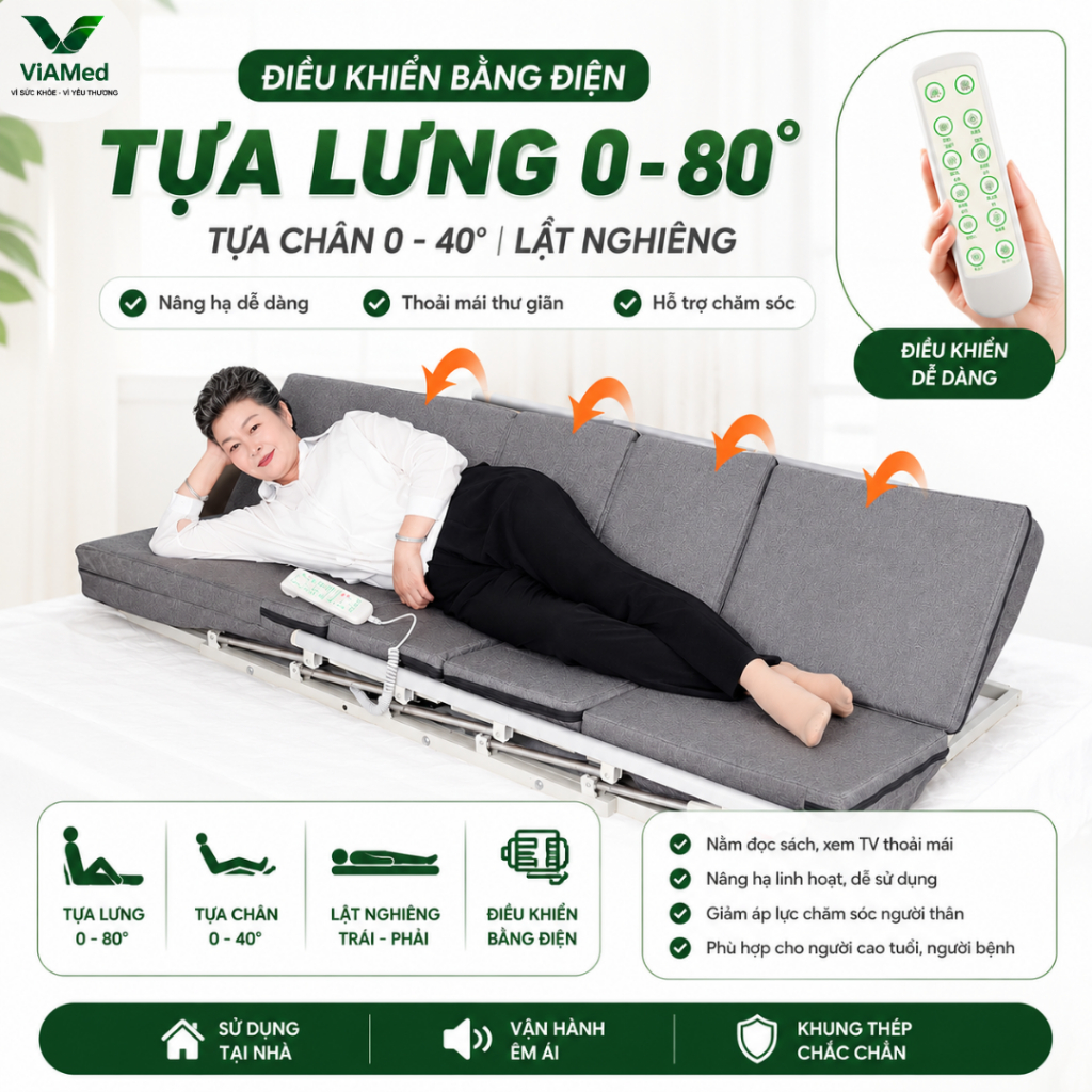 Đệm Nâng Lưng - Chân - Lật nghiêng Điện 0-80° Cho Người Bệnh, Đệm nâng hạ Tự động - Hỗ Trợ Ngồi Dậy (BÀO HÀNH 2 NĂM)