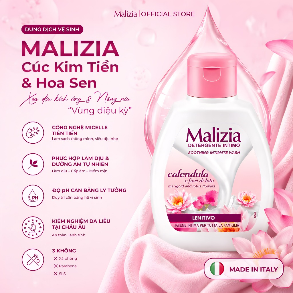 Dung Dịch Vệ Sinh Phụ Nữ Malizia Detergente Intimo Calendula 200ml Hương Cúc Hoa Sen Dịu Nhẹ Dưỡng Ẩm Làm Dịu Cho Phụ Nữ