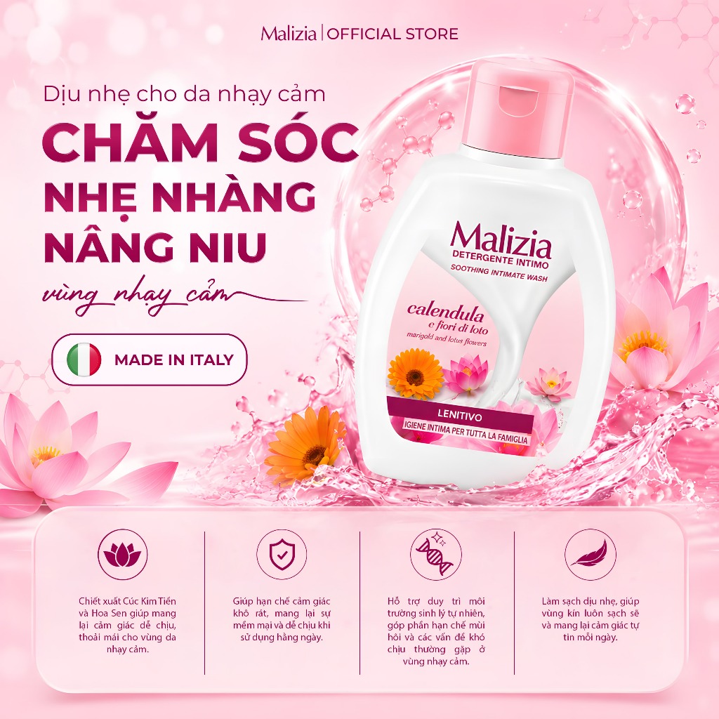 Dung Dịch Vệ Sinh Phụ Nữ Malizia Detergente Intimo Calendula 200ml Hương Cúc Hoa Sen Dịu Nhẹ Dưỡng Ẩm Làm Dịu Cho Phụ Nữ
