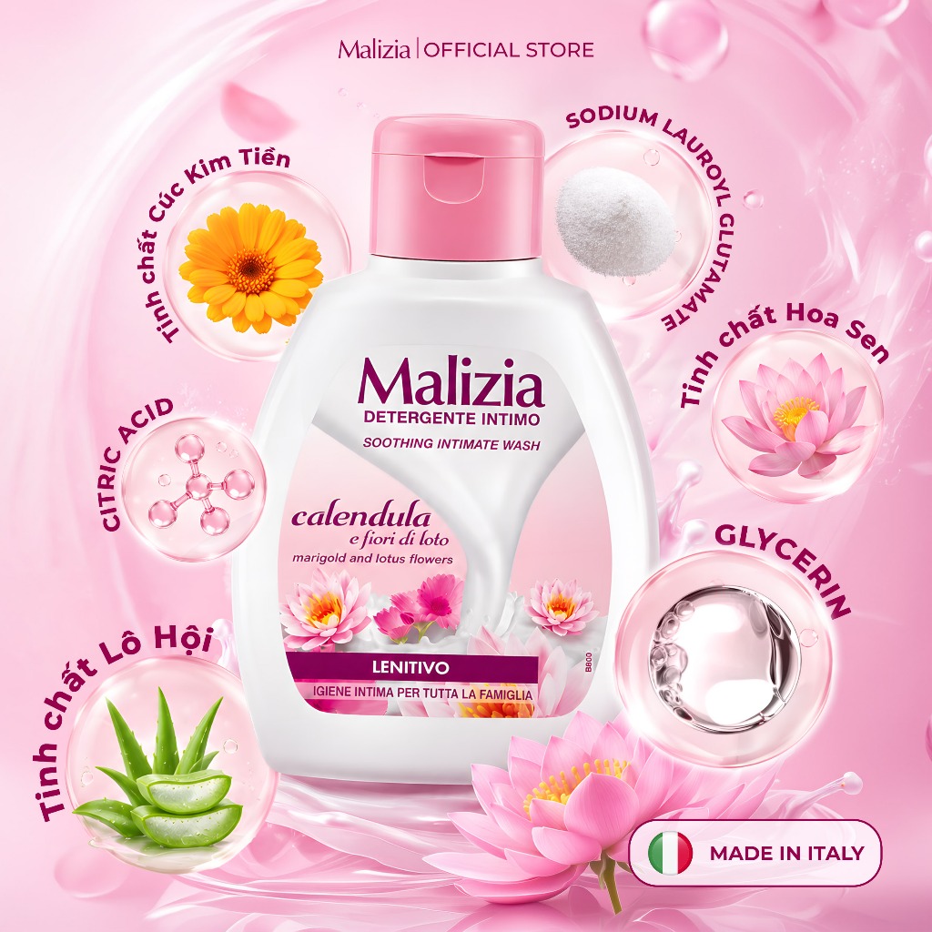 Dung Dịch Vệ Sinh Phụ Nữ Malizia Detergente Intimo Calendula 200ml Hương Cúc Hoa Sen Dịu Nhẹ Dưỡng Ẩm Làm Dịu Cho Phụ Nữ