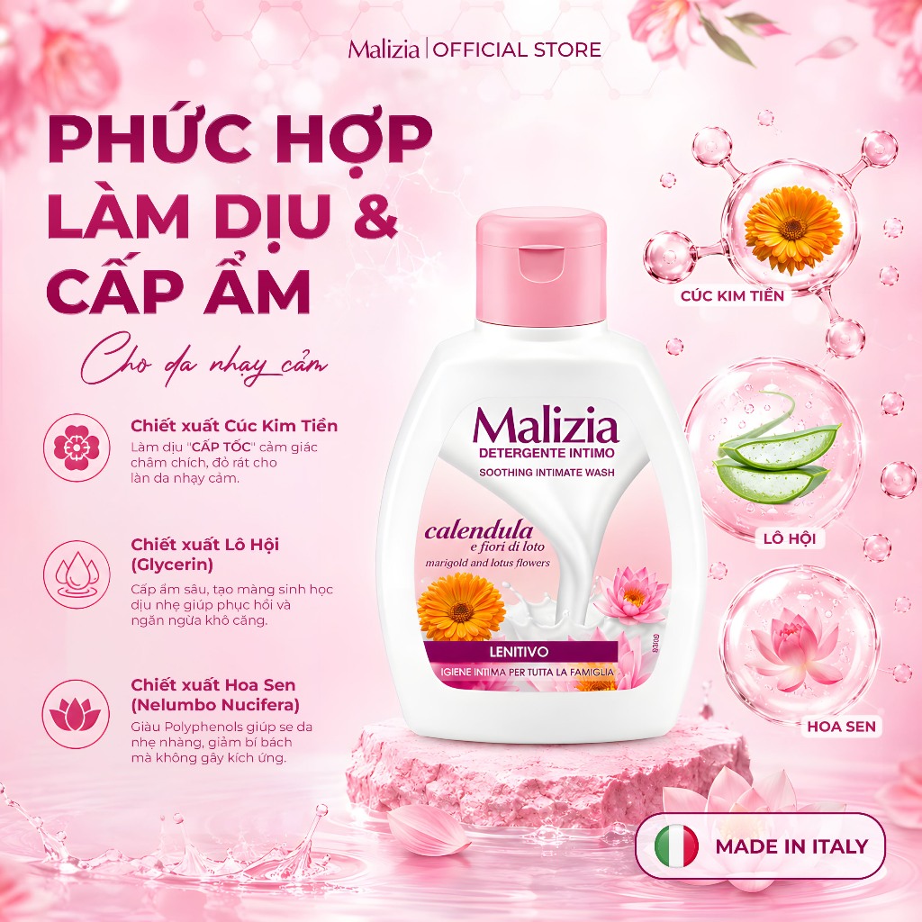 Dung Dịch Vệ Sinh Phụ Nữ Malizia Detergente Intimo Calendula 200ml Hương Cúc Hoa Sen Dịu Nhẹ Dưỡng Ẩm Làm Dịu Cho Phụ Nữ
