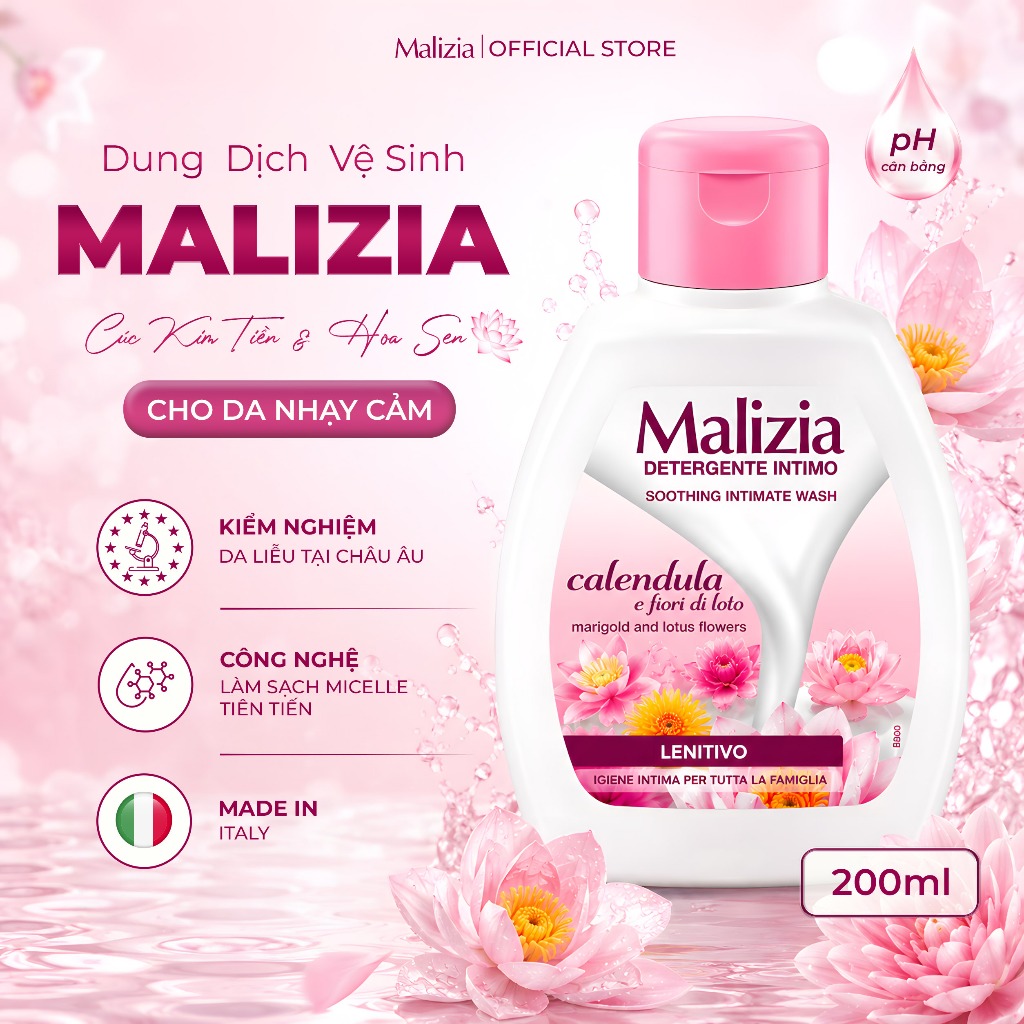 Dung Dịch Vệ Sinh Phụ Nữ Malizia Detergente Intimo Calendula 200ml Hương Cúc Hoa Sen Dịu Nhẹ Dưỡng Ẩm Làm Dịu Cho Phụ Nữ