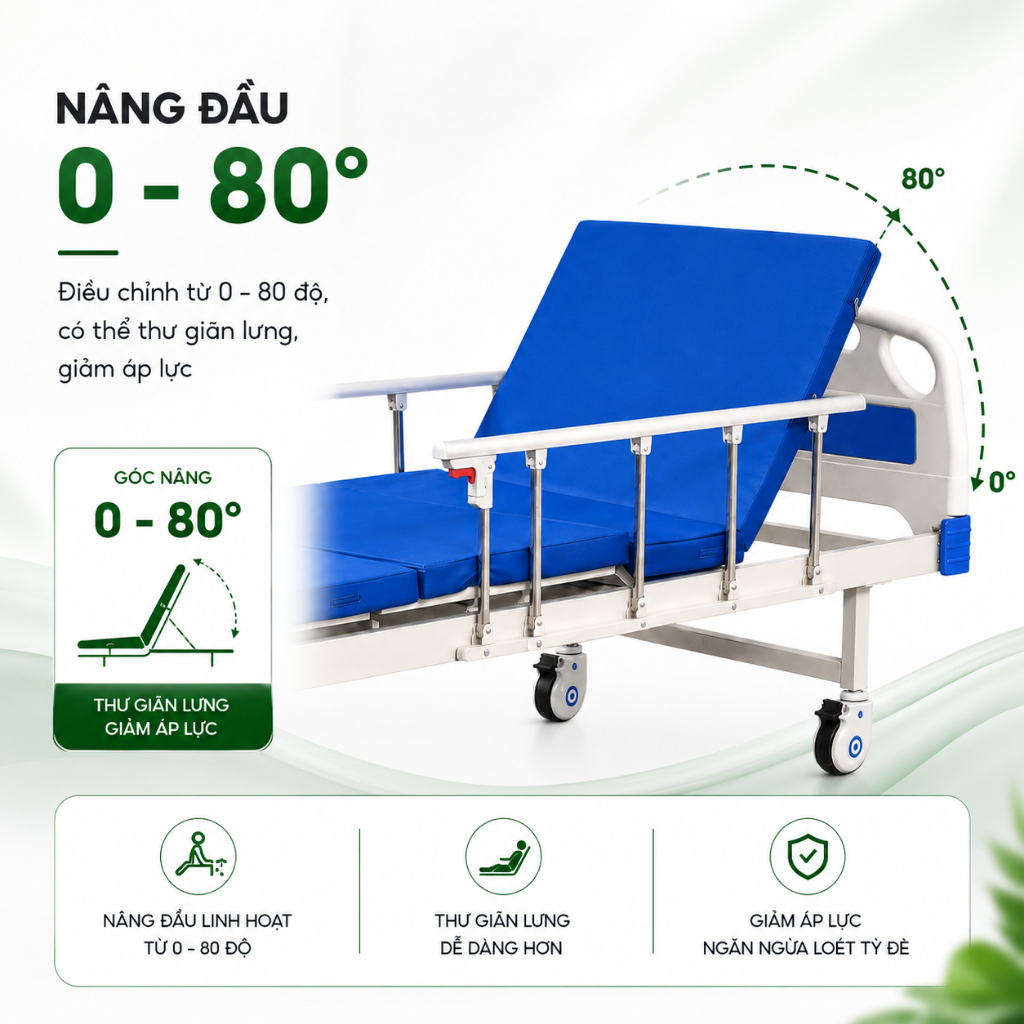 Giường Y Tế 2 Tay Quay Nâng Lưng Nâng Chân - Giường Bệnh Đa Năng Cho Người Già, Tai Biến (BẢO HÀNH 2 NĂM)
