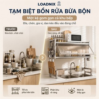 LOADNIX Kệ Để Chén Đĩa Cao Cấp Inox 304 Có Nắp Đậy Kệ úp chén inox Dùng Lâu Kệ để chén bát Trên Bồn Rửa Bát