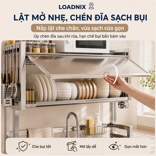 LOADNIX Kệ Để Chén Đĩa Cao Cấp Inox 304 Có Nắp Đậy Kệ úp chén inox Dùng Lâu Kệ để chén bát Trên Bồn Rửa Bát