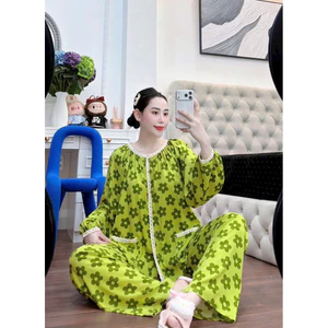 Bộ tole lanh phối ren mặc nhà tay dài quần dài thoải mái