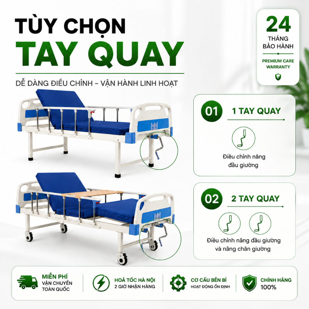 Giường Y Tế 2 Tay Quay Nâng Lưng Nâng Chân - Giường Bệnh Đa Năng Cho Người Già, Tai Biến (BẢO HÀNH 2 NĂM)