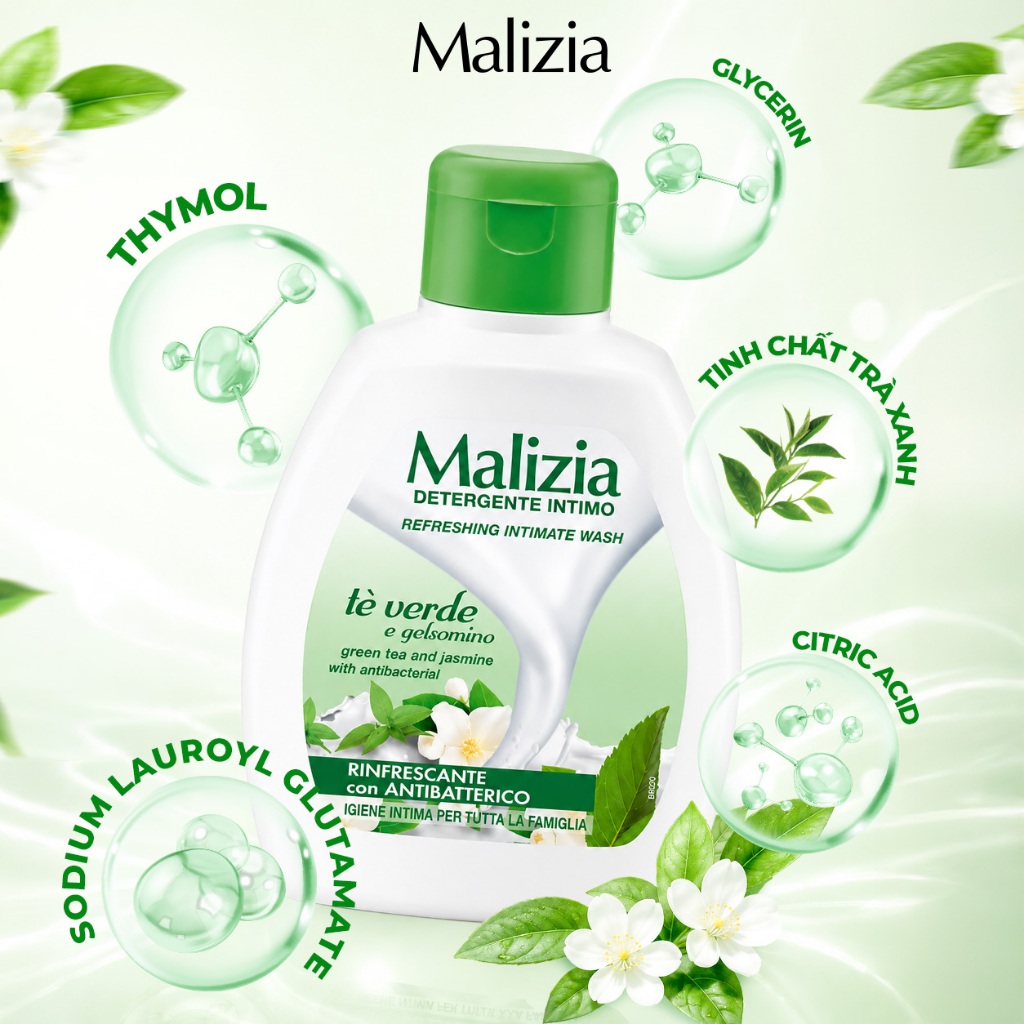 Dung Dịch Vệ Sinh Phụ Nữ Malizia Detergente Intimo Tè Verde 200ml Hương Trà Xanh Hoa Nhài Thơm Mát Làm Sạch Dịu Nhẹ Cân