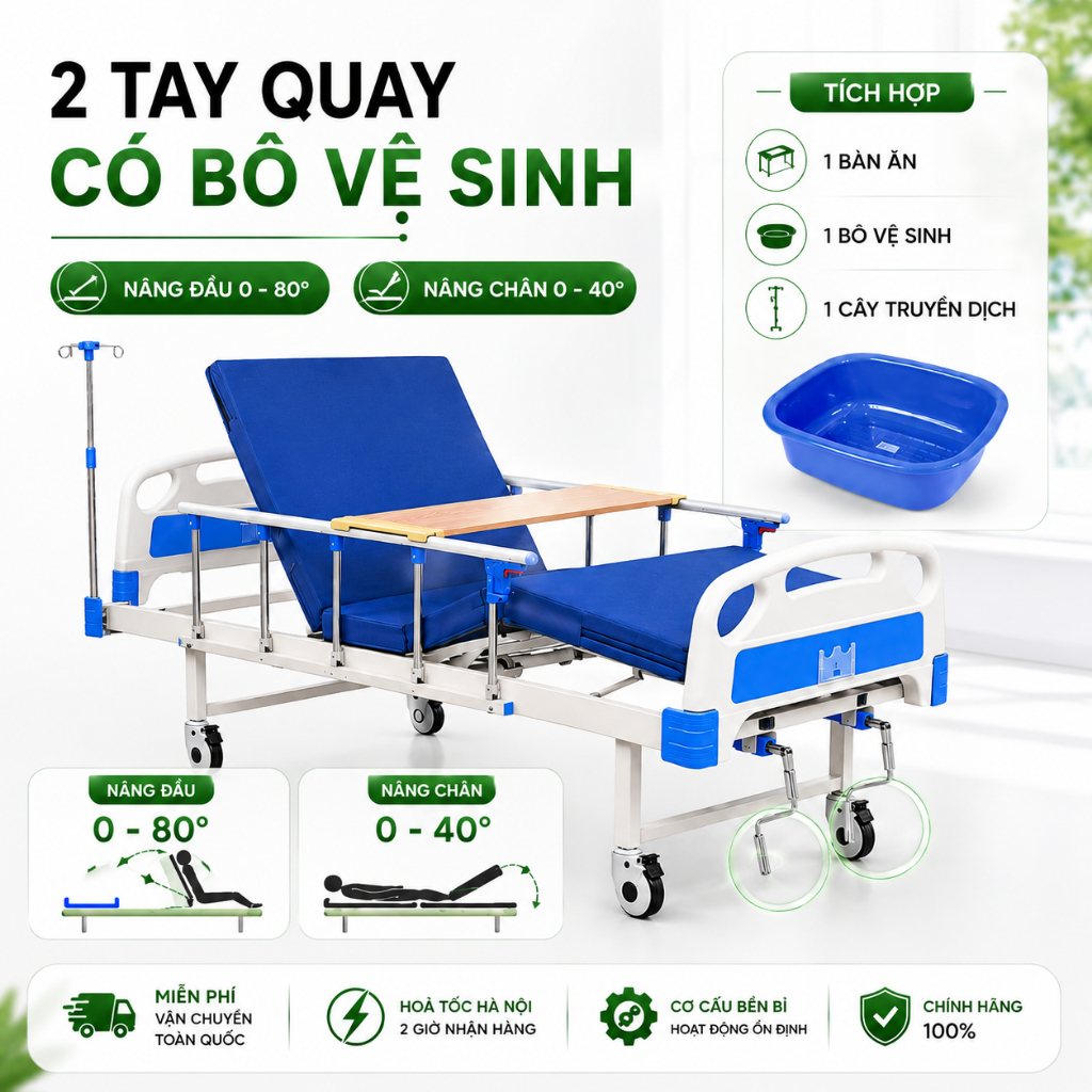 Giường Y Tế 2 Tay Quay Nâng Lưng Nâng Chân - Giường Bệnh Đa Năng Cho Người Già, Tai Biến (BẢO HÀNH 2 NĂM)