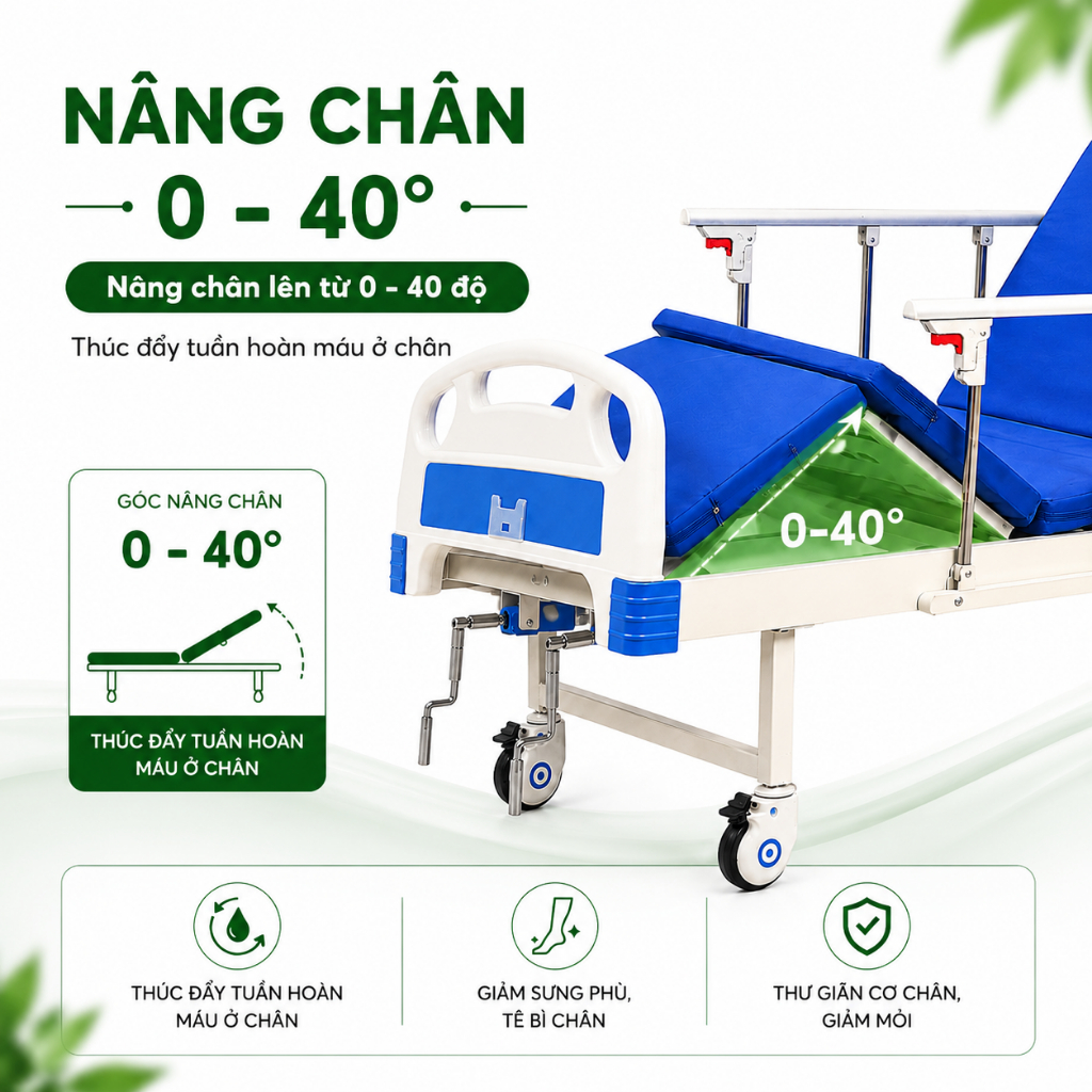 Giường Y Tế 2 Tay Quay Nâng Lưng Nâng Chân - Giường Bệnh Đa Năng Cho Người Già, Tai Biến (BẢO HÀNH 2 NĂM)
