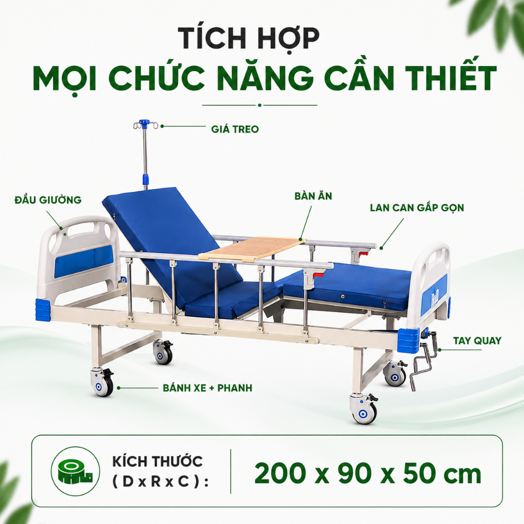 Giường Y Tế 2 Tay Quay Nâng Lưng Nâng Chân - Giường Bệnh Đa Năng Cho Người Già, Tai Biến (BẢO HÀNH 2 NĂM)